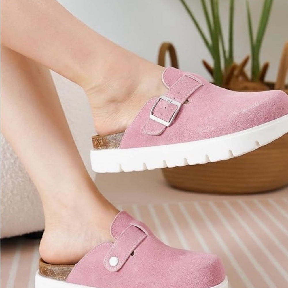 Women’s Pink Suede Buckle Clog Mule